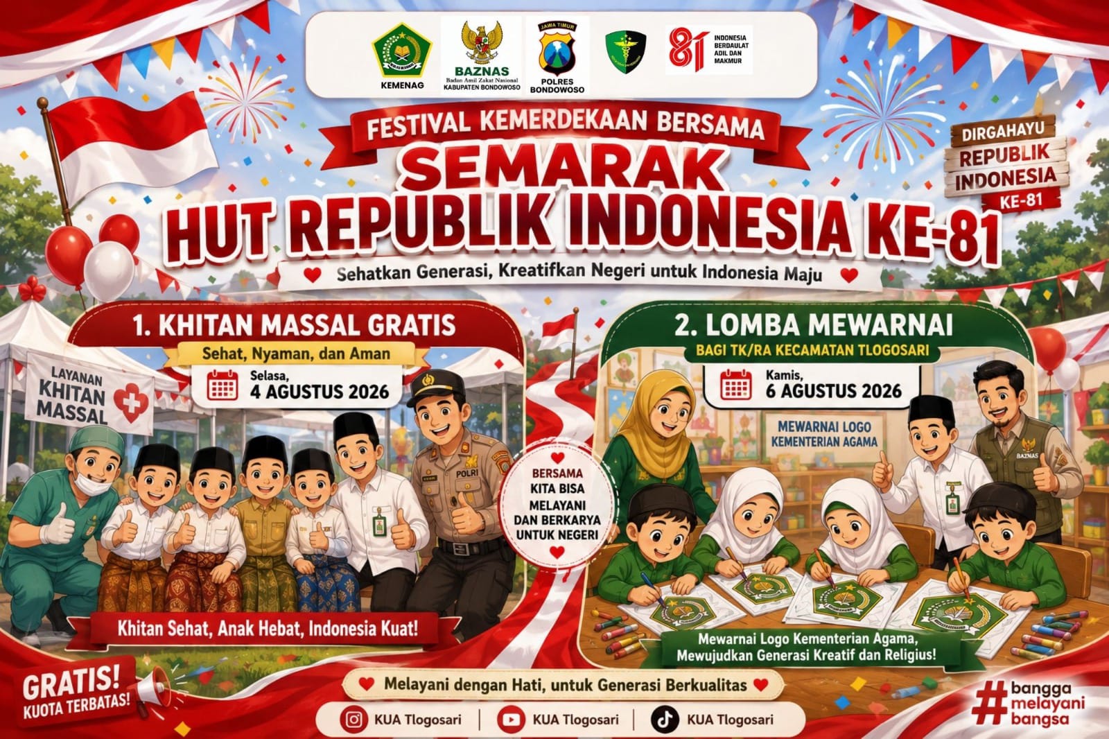 KUA Tlogosari Kabupaten Bondowoso memeriahkan HUT 2026 dengan beberapa Kegiatan. Direncanakan ada 2 Kegiatan besar.
